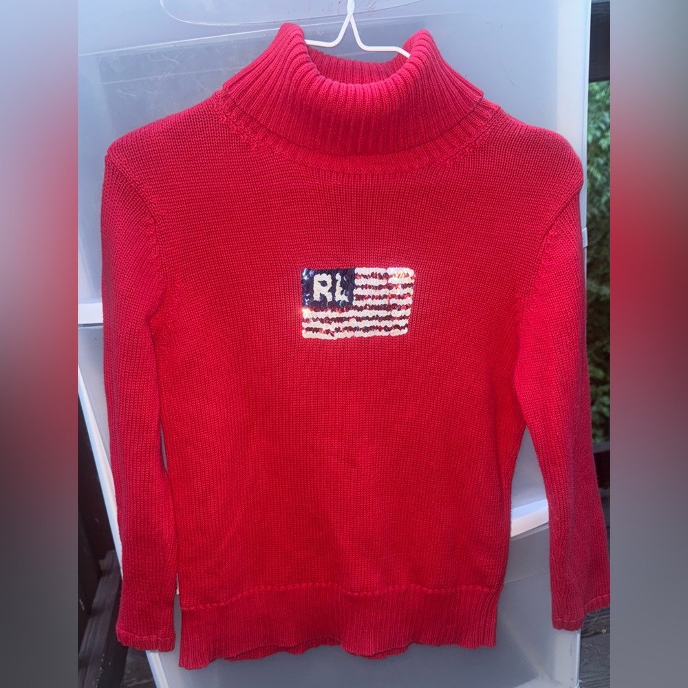 Women’s Ralph Lauren Polo Vintage 90s Y2K Cotton Sequin Flag Sweater Sz Small